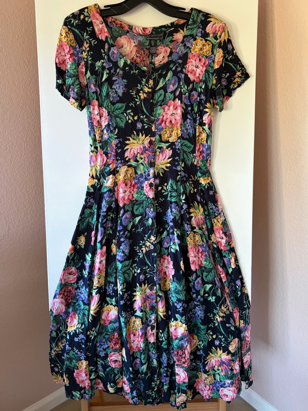 Vintage 90s Starina Rayon Floral Fit Flare Midi Dress Size M Navy Cottagecore